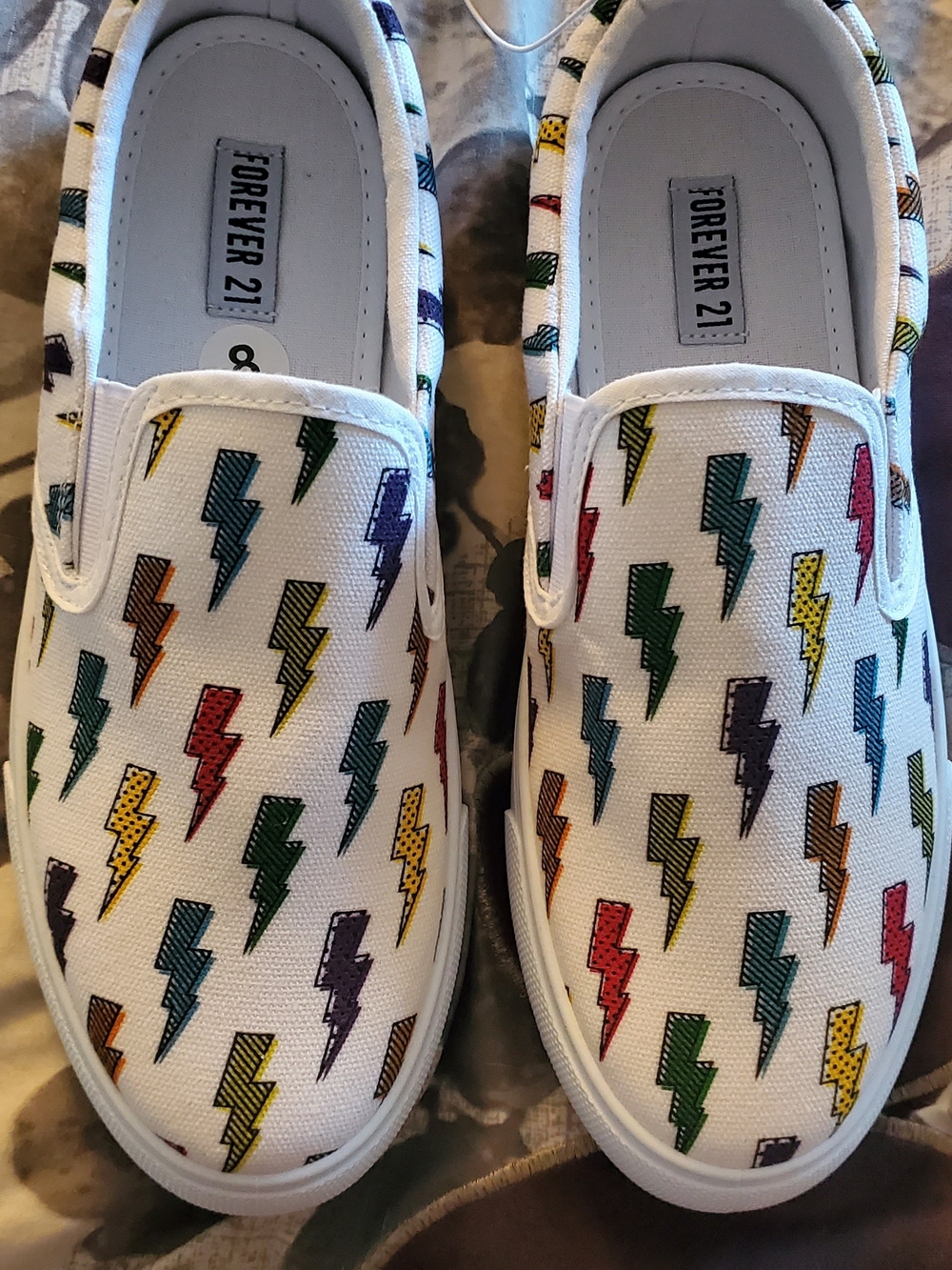 Forever 21 White Slip-On Shoes with Multicolor Lightning Bolts